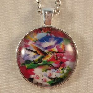 Silver Hummingbird Flowers Cabochon Pendant Chain Necklace Gift
